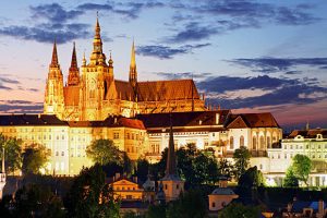 Prague castle and Charles bridge at night